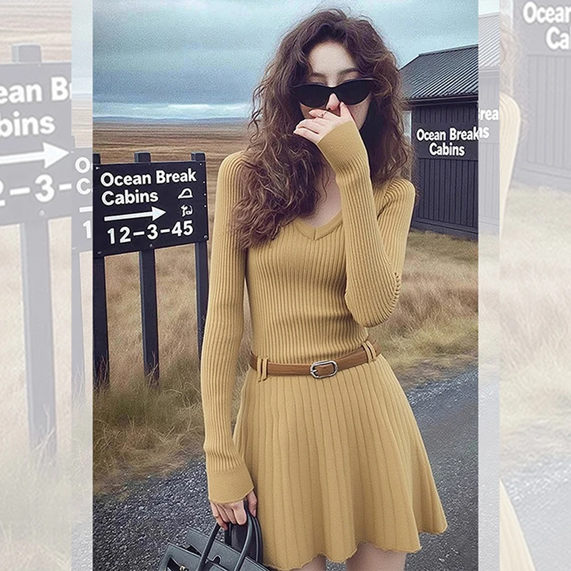 高贵档次气质咖色百褶短裙子秋冬款小众韩系衣服v领针织连衣裙女