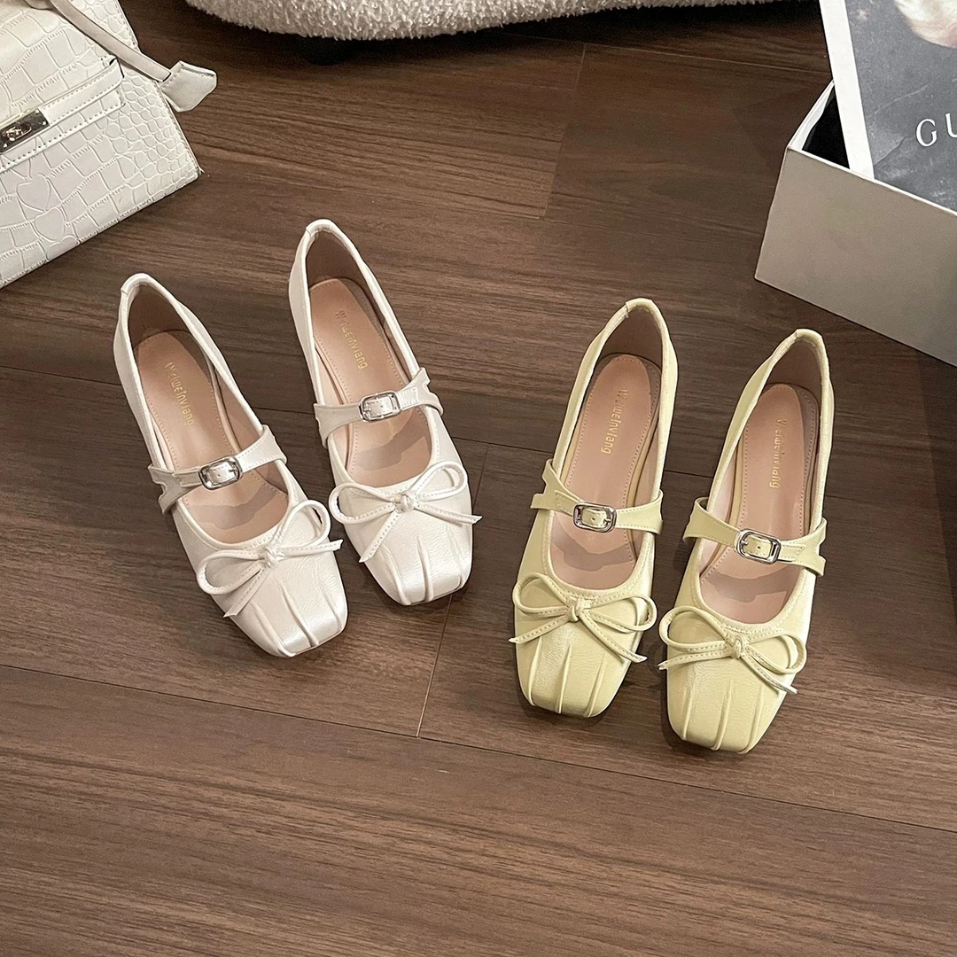 Momo小牛皮浅口法式蝴蝶结春季单鞋女方口鞋百搭平底9258-11