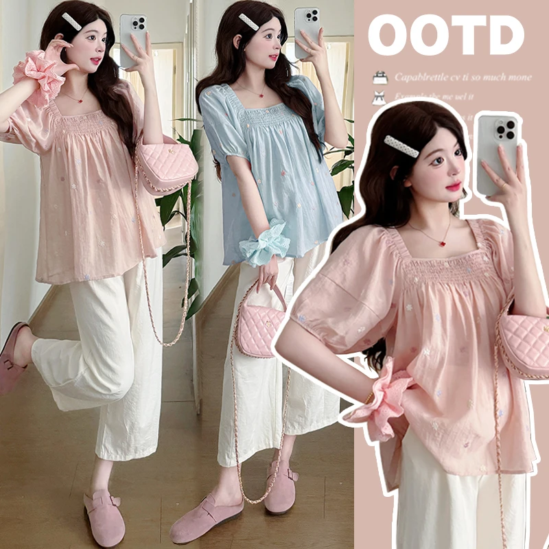 甜美减龄孕妇装夏季新款爆款时髦娃娃衫上衣显瘦直筒九分裤两件套