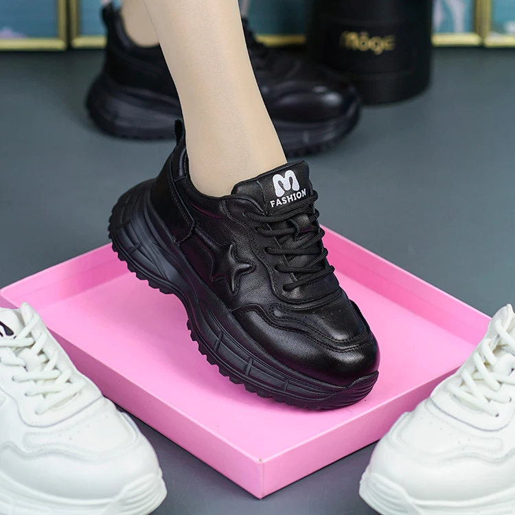 01-5801新款真皮舒适百搭休闲鞋头层牛皮圆头松糕厚底增高老爹鞋