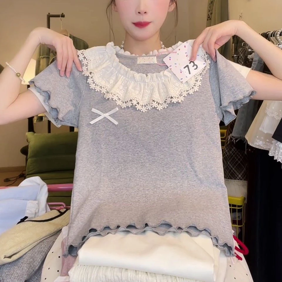 纯棉蕾丝领T恤女百搭木耳边蝴蝶结短袖学生ins夏季减龄上衣女装