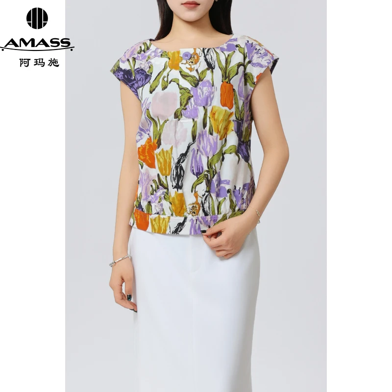 AMASS/阿玛施春夏新款个性时尚复古圆领印花飞飞袖外穿T恤 530030