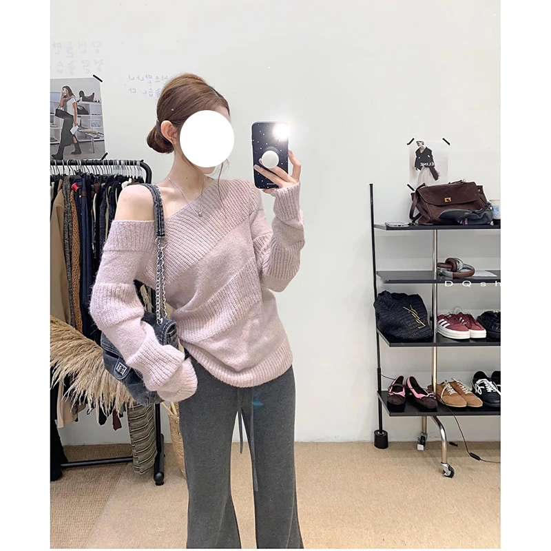 法式甜美温柔风斜肩长袖针织衫秋冬大码女装胖MM修身显瘦内搭上衣