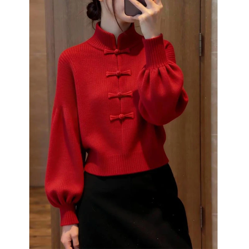 新中式红色立领盘扣粗线毛衣2025秋季独特超好看短款灯笼袖针织衫