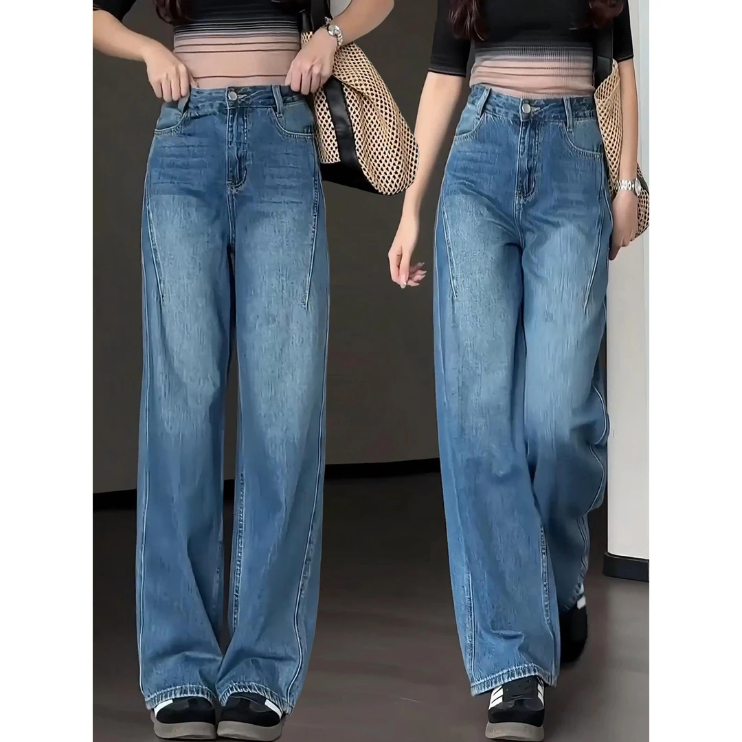 蓝色牛仔阔腿裤女2025年新款春秋季高腰胖mm梨型身材弯刀直筒裤子