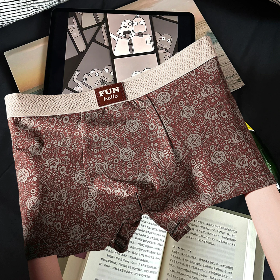 新款棉质古典印花男士内裤透气潮流平角裤男生个性舒适透气四角