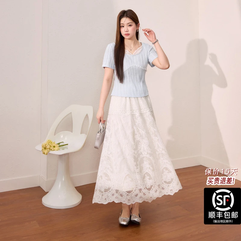 蓝语大码女装甜美假两件蕾丝短袖T恤2025夏新款镂空透气漂亮上衣