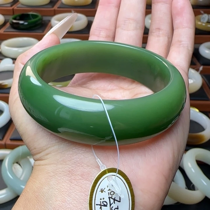 和田玉未镶嵌手镯高色辣阳绿宽胎58.6