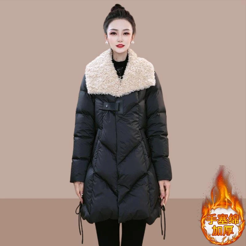 设计感百搭减龄棉服女2024年冬季新款拼接翻领加厚中长款外套棉衣