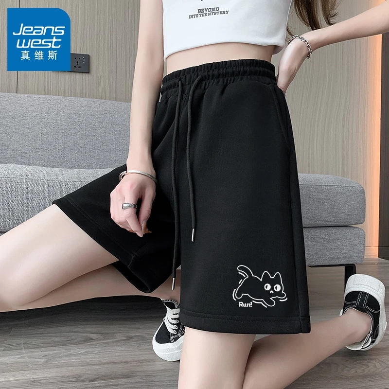 真维斯黑色休闲运动短裤女外穿夏季2025新款女裤宽松直筒五分裤X