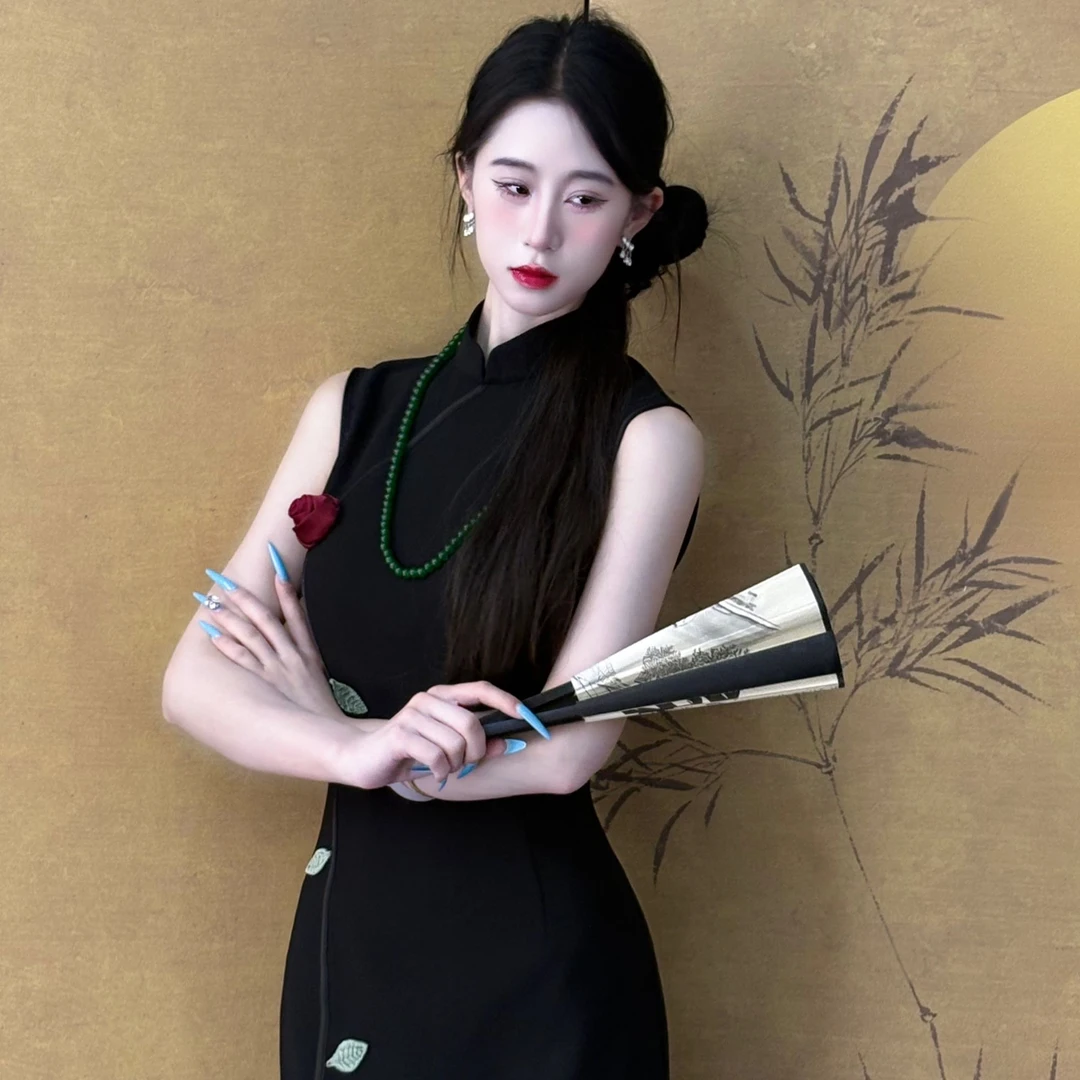 LHMknk1画报夫人原创自制立体玫瑰显瘦复古旗袍新中式黑色 新桃李