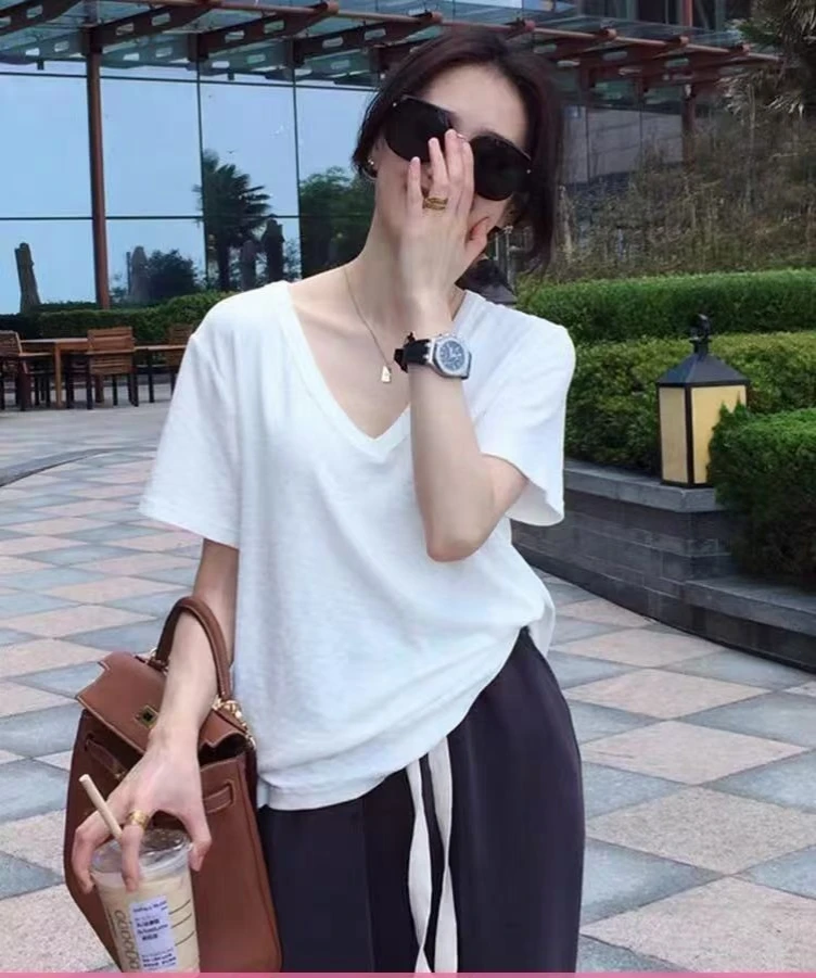 长袖休闲风V领抗皱短袖极简风T恤圆领休闲设计感百搭