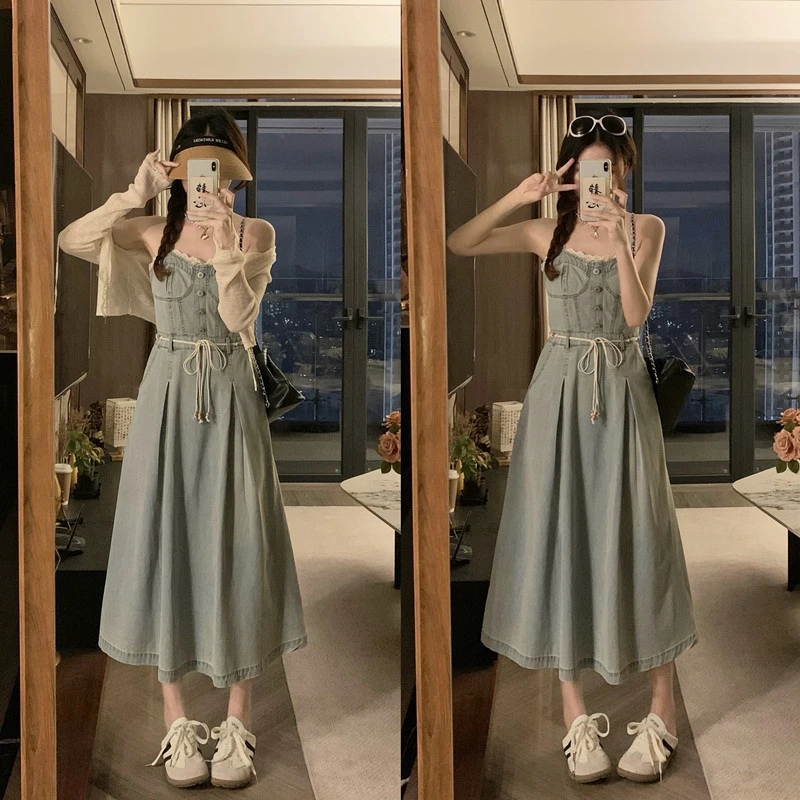 大码港风复古甜辣牛仔吊带长裙+开衫 两件套送腰带