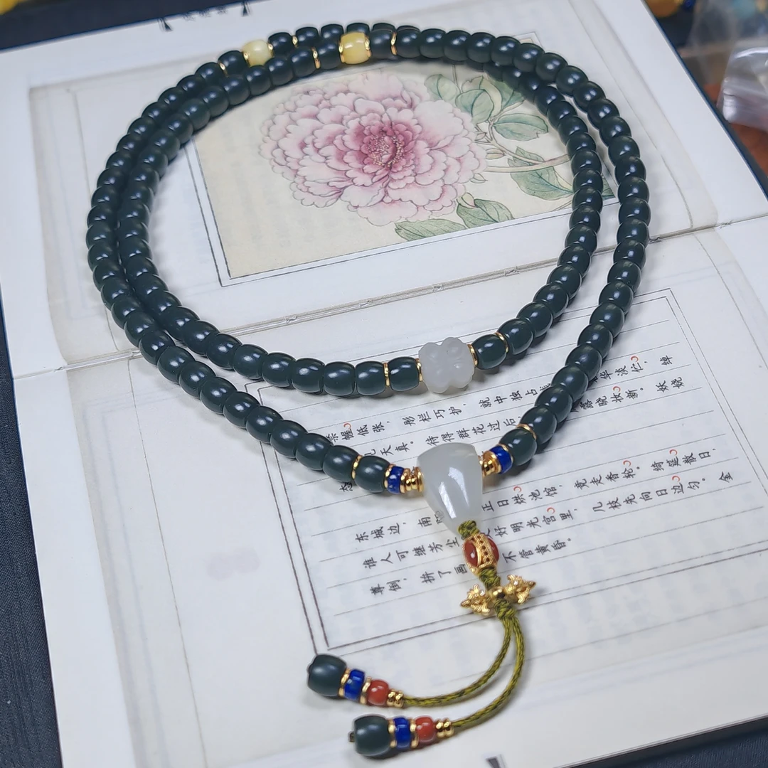 和田玉青玉108 一细料8x7mm 配s925银南红蜜蜡青金（抖音基地发货）