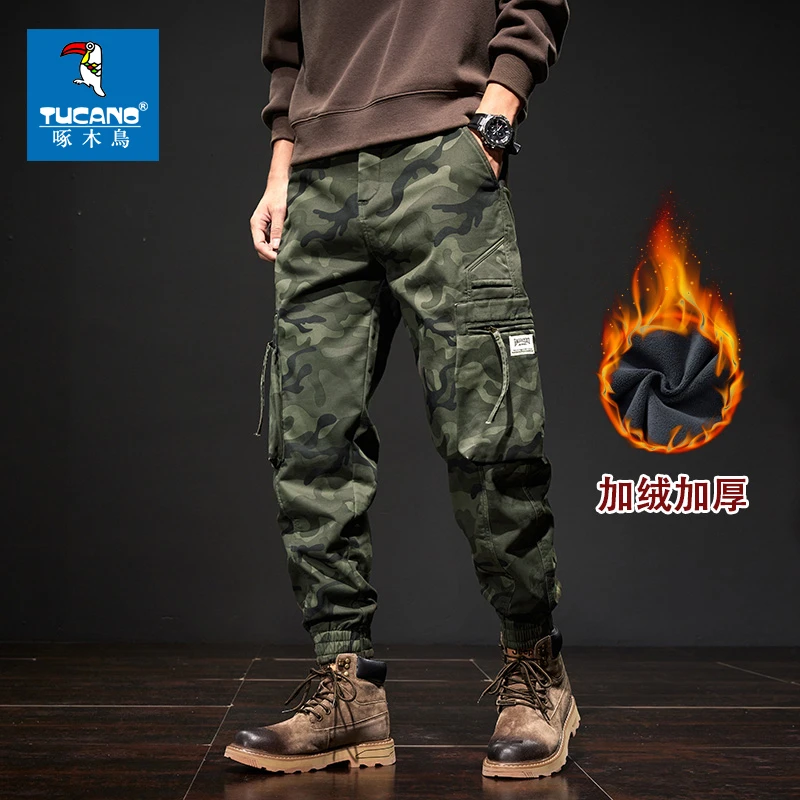 啄木鸟加绒美式迷彩休闲裤男士秋冬加绒宽松多口袋束脚工装机能裤