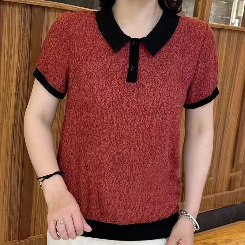 夏季中老年妈妈装新款时尚休闲宽松条纹T恤百搭娃娃领短袖上衣女