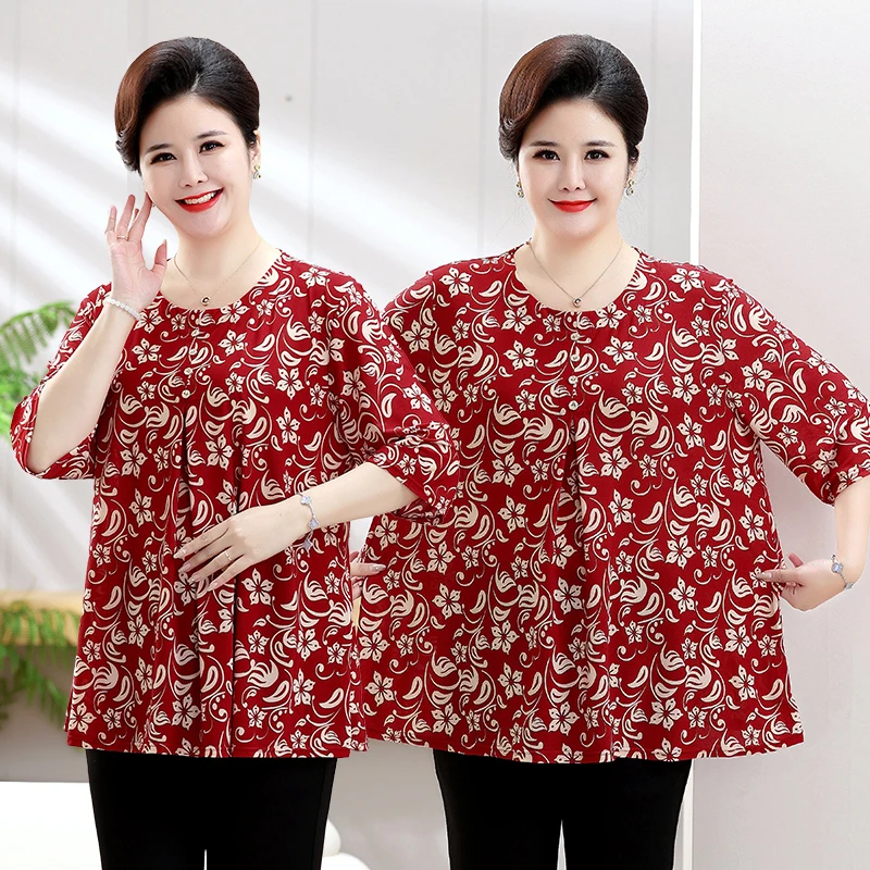 加肥加大码中袖遮肚中老年妈妈装上衣夏季花朵宽松遮肚衫休闲T恤