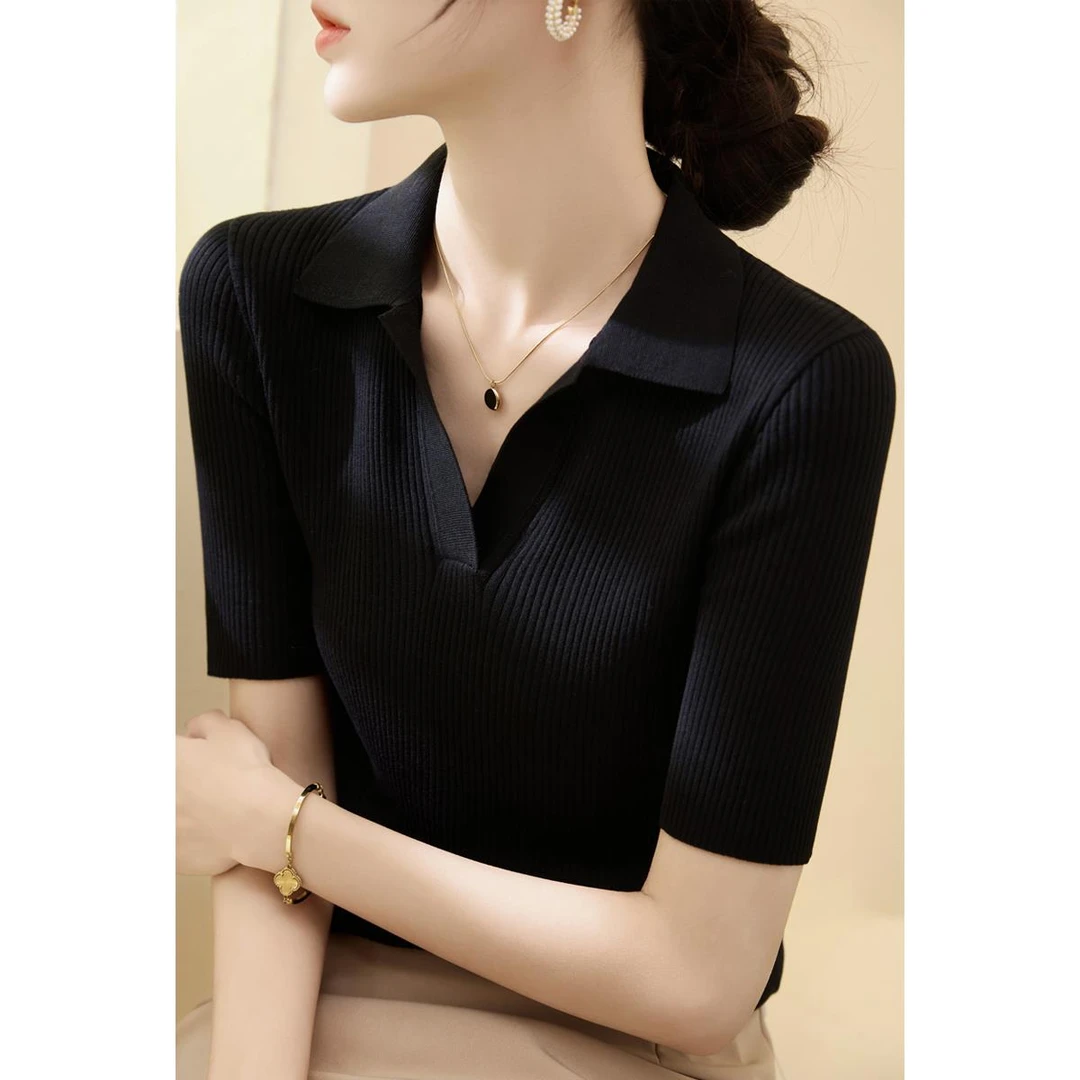 夏季2025新款正肩高级感Polo领黑色短袖针织衫女装T恤上衣薄