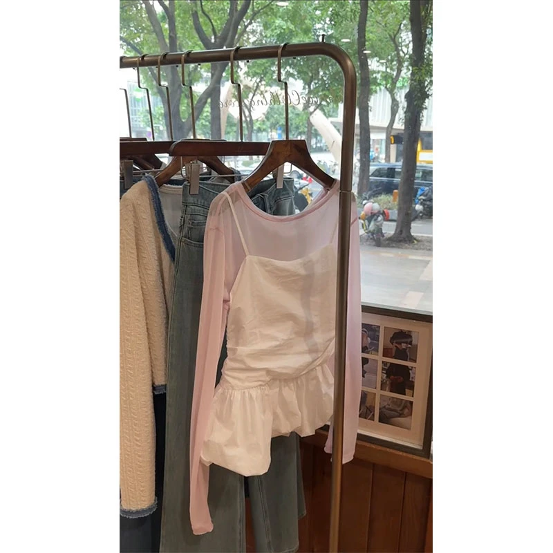 甜美风修身防晒长袖打底上衣叠穿收腰显瘦花苞吊带背心休闲牛仔裤