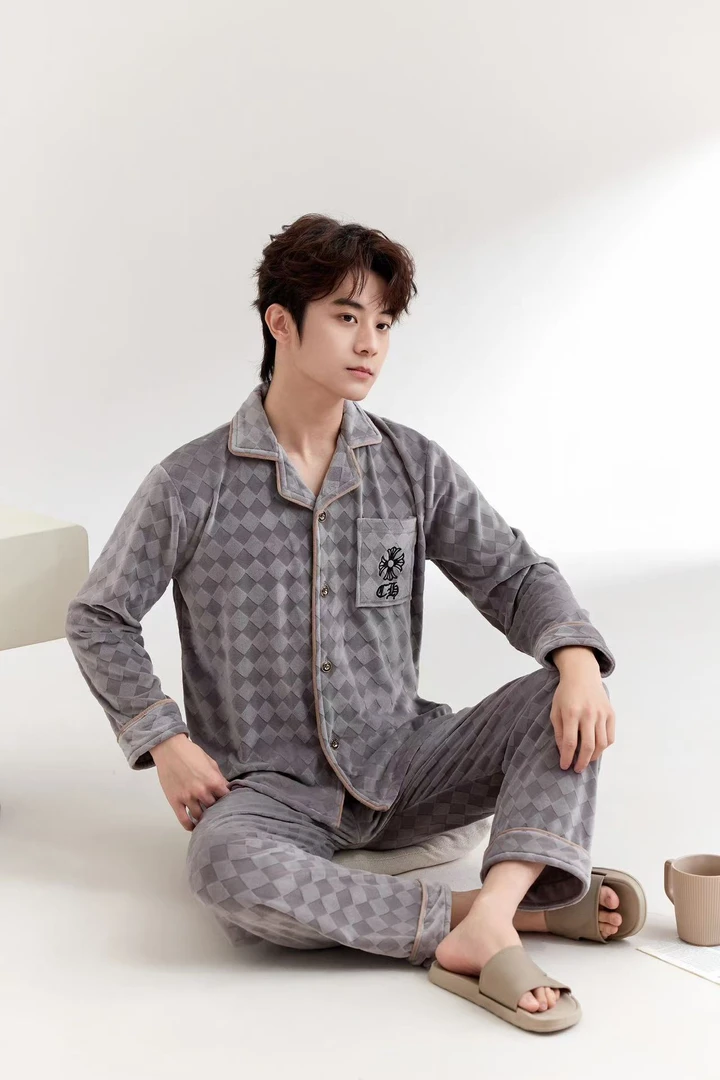琦欣家海岛绒男款加厚灰色格子克罗时尚家居服男