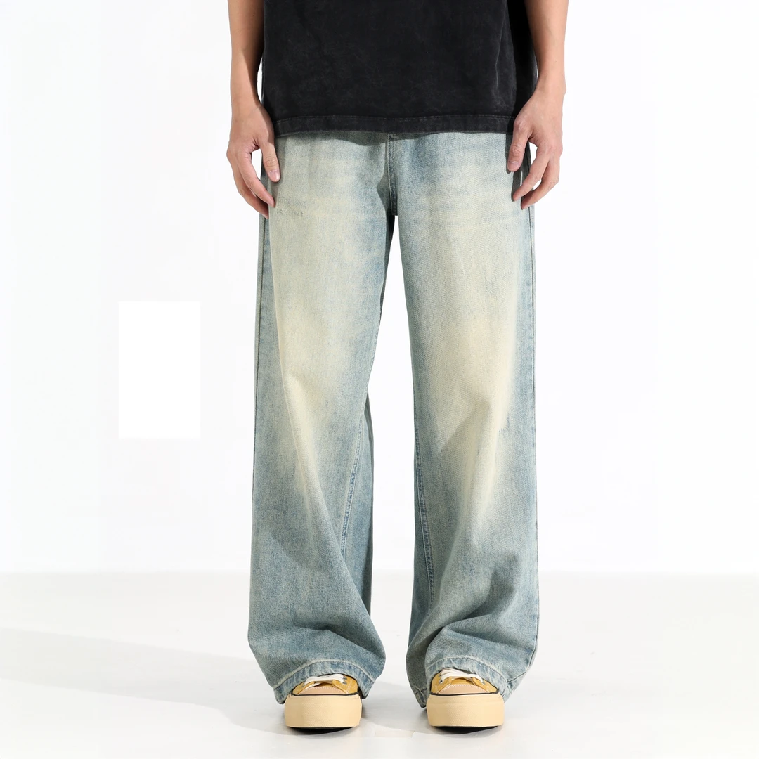 Cebrodz夏季新款休闲纯色牛仔裤男时尚潮牌高街水洗宽松直筒裤子