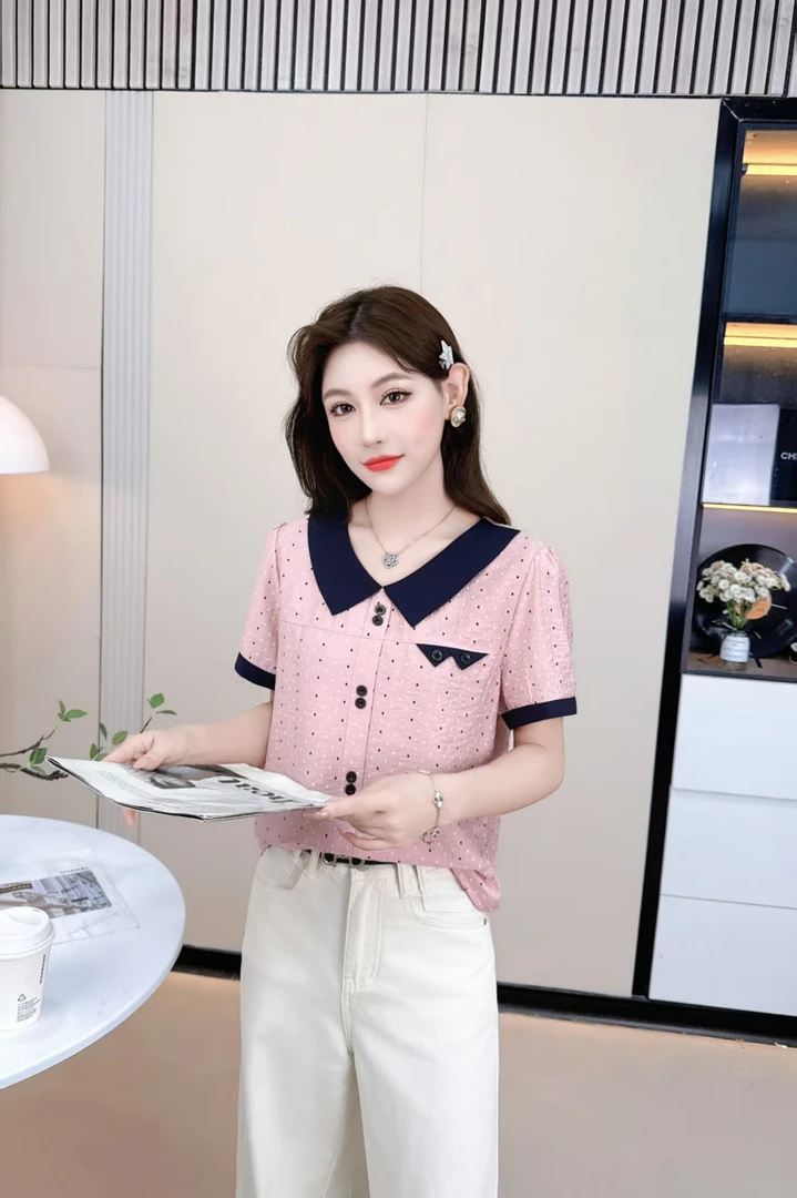 娃娃领短袖衬衣2025新款拼接撞色夏季宽松显瘦设计感减龄时尚衬衫