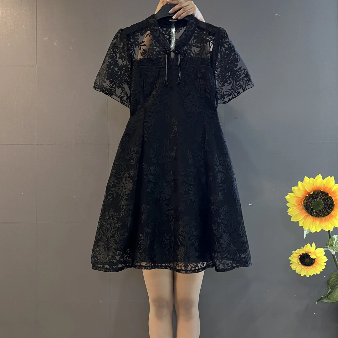 新中式改良版复古盘扣流苏蕾丝拼接收腰显瘦大码连衣裙