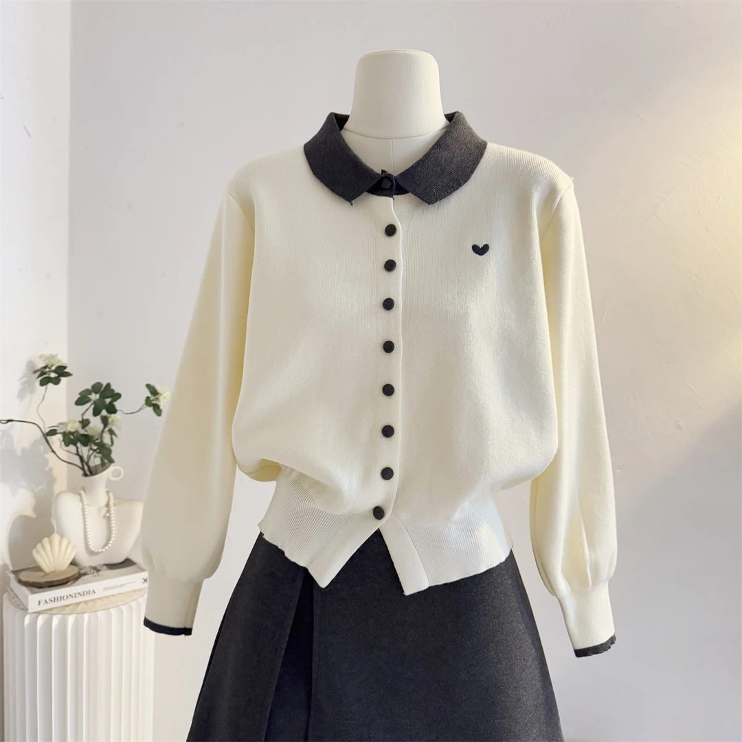 撞色polo翻领单排扣针织开衫女2025秋冬韩系爱心刺绣毛衣外套上衣