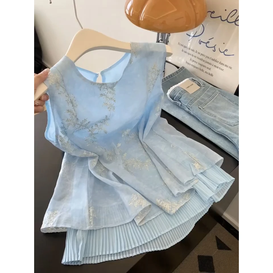 新中式国风刺绣蓝色衬衫背心女士多巴胺无袖上衣高级感设计感小众