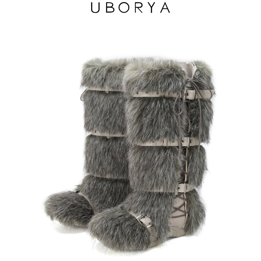 直播专属UBORYA无敌可爱秋冬仿狐狸毛毛朋克绑带显瘦平底雪地靴