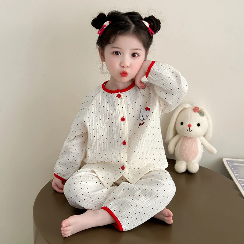 女童纱布睡衣春秋2025新款女孩宝宝纯棉长袖家居服儿童夏款空调服