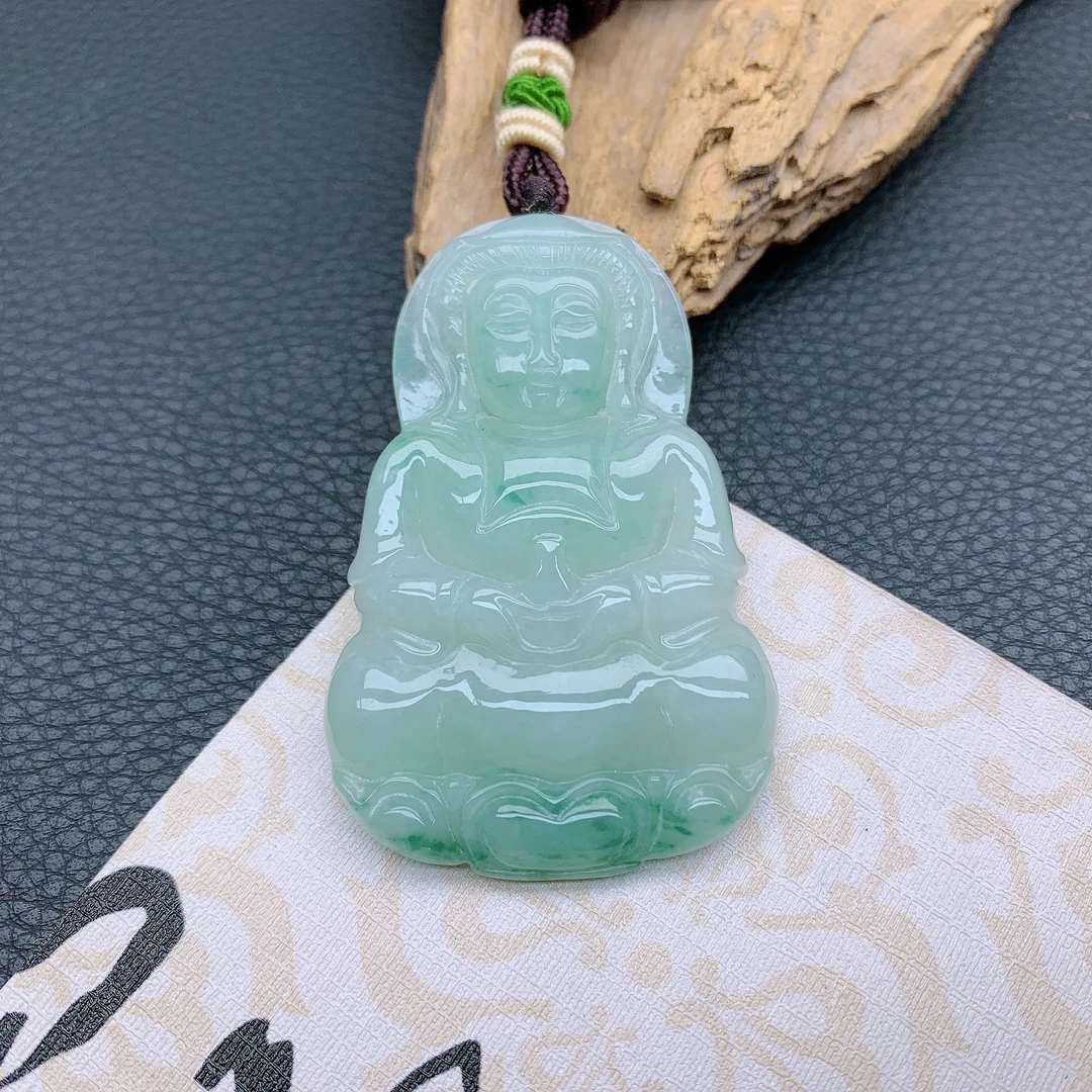 267~天然翡翠A货冰透精雕厚装飘花观音吊坠气质高贵精美绿色挂件