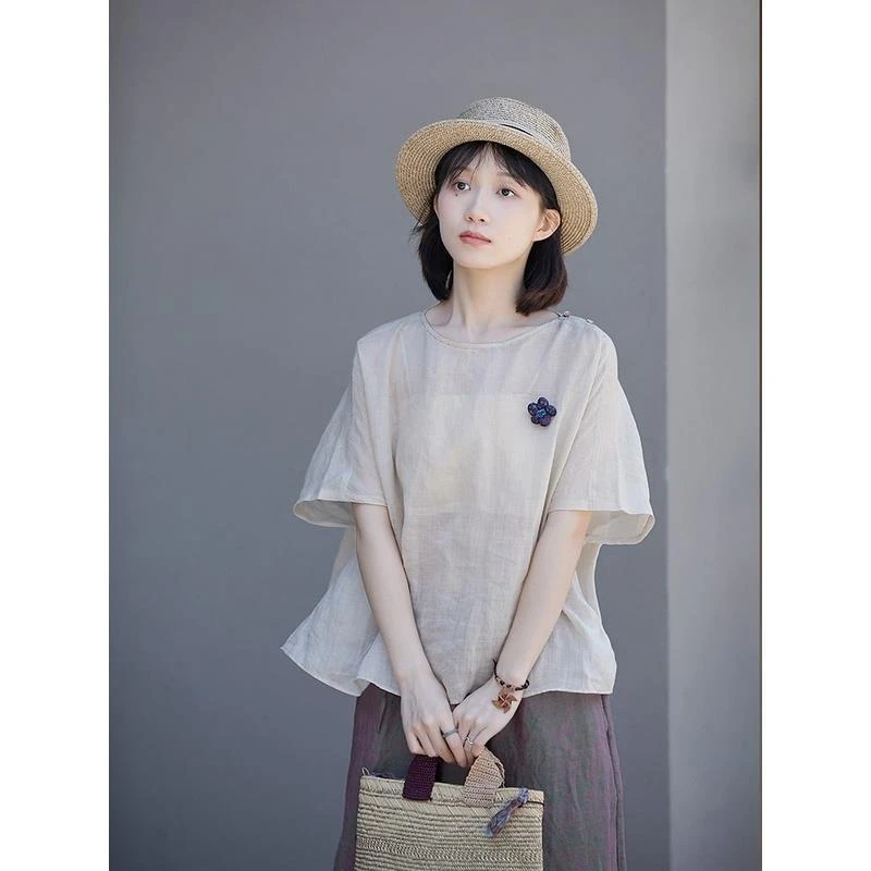 夏季新款米杏色细支苎麻轻薄透气圆领套头衫女褶皱透气温小暖