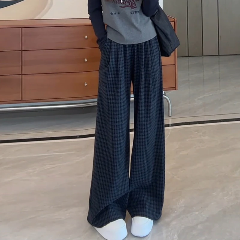 2025秋季新款时尚洋气宽松百搭慵懒感松紧腰阔腿格子显瘦休闲长裤