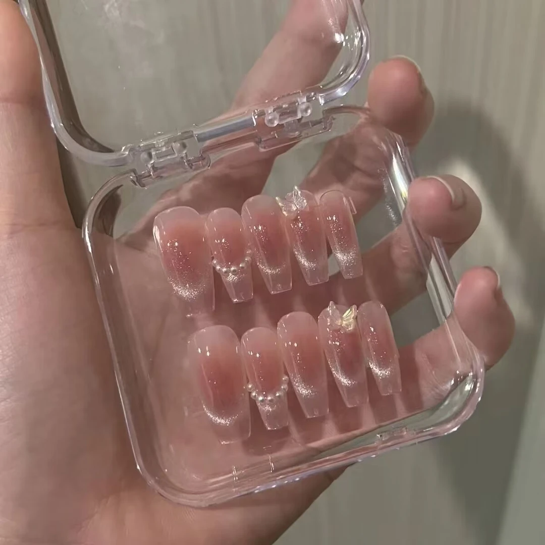 10片手工预制甲猫眼粉色穿戴甲甲片成品可拆卸美甲贴片Ins风
