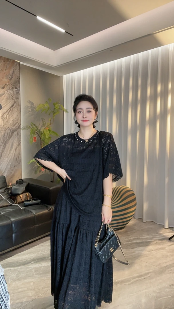 【冲姐】夏季新款纯色蕾丝宽松大码洋气时髦显瘦裙子套装