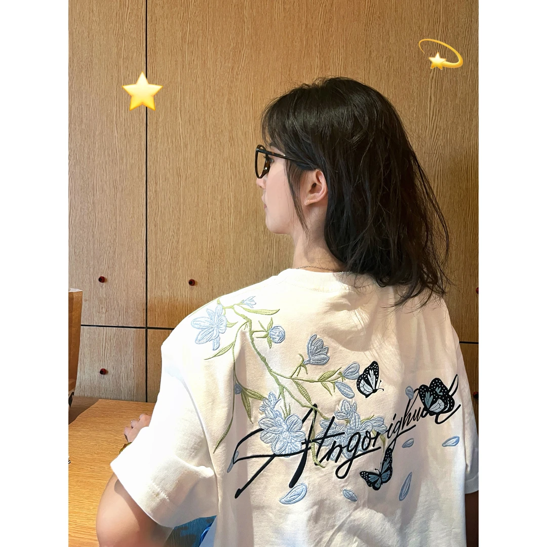 夏季新款蝴蝶字母花卉刺绣高级感短袖T恤男女纯棉重磅情侣上衣潮