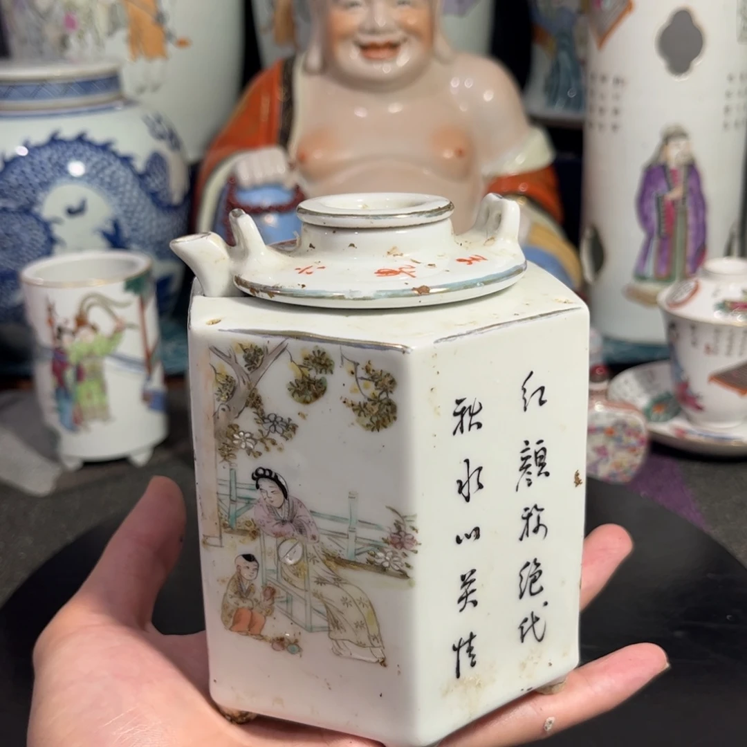 摆件桃花美女六方温酒壶