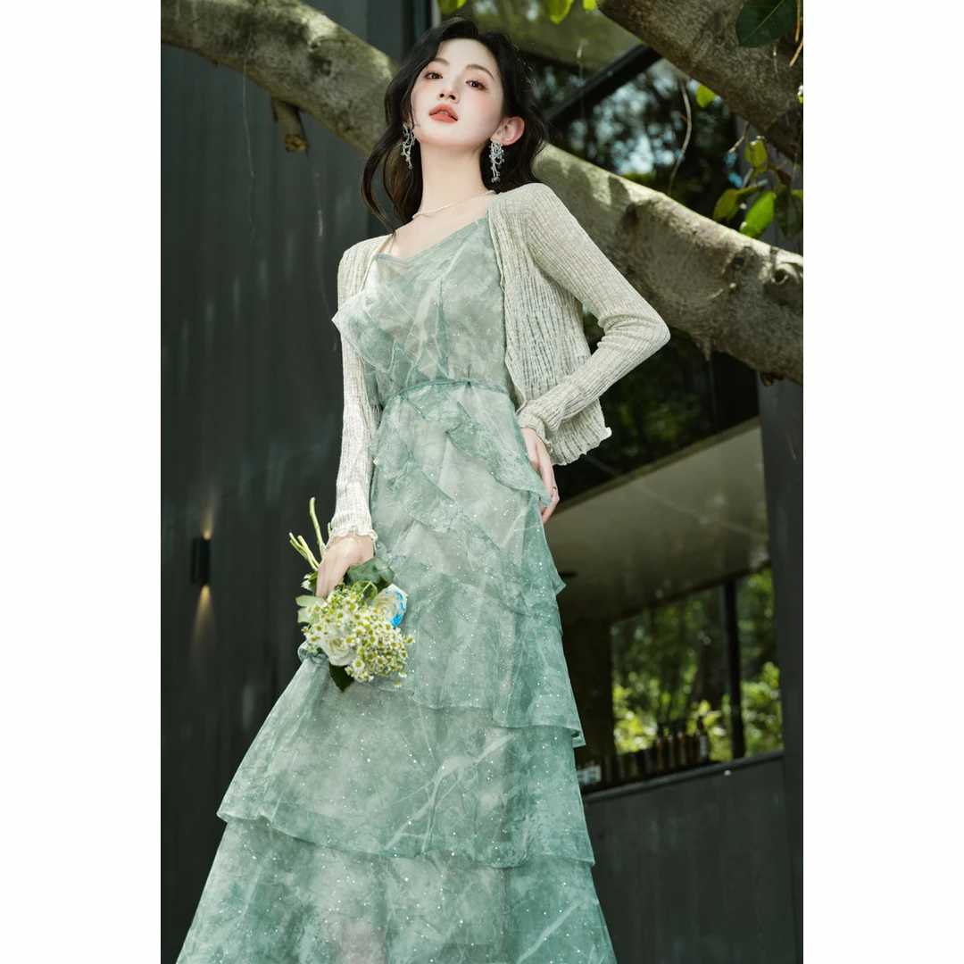 温柔仙女夏季显瘦网纱拼接吊带小个子遮肚子连衣裙洋气衣服女减龄