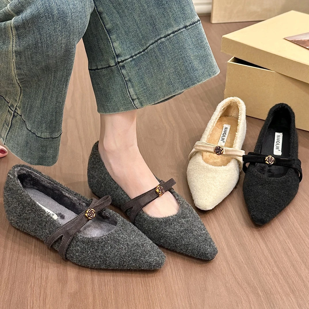 titing韩系miu！气质毛呢尖头金属扣玛丽珍鞋女秋加绒内增高单鞋