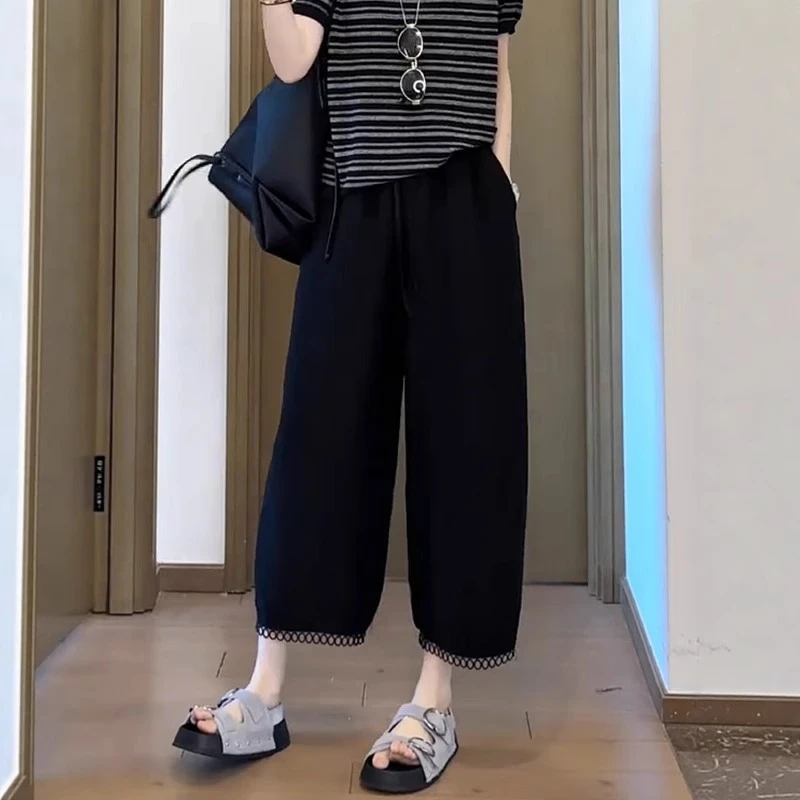 大码2025夏季薄款高腰镂空花边休闲裤女胖妹妹宽松显瘦八分阔腿裤
