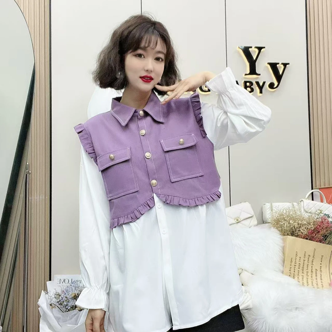 YY大码(紫色约定)时尚拼接遮肚显瘦撞色假两件裙衫