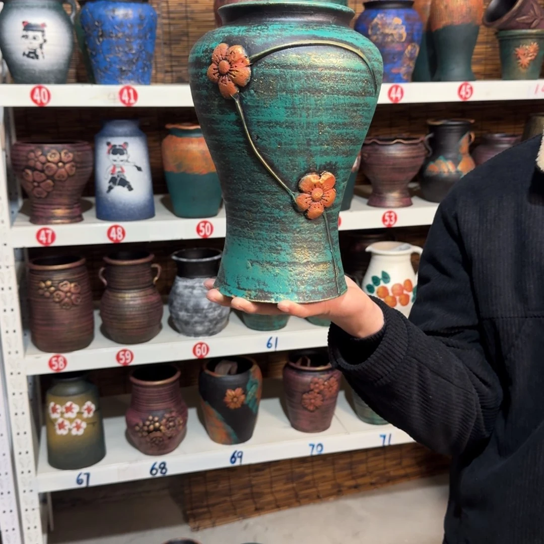 红陶红陶浮雕花盆炸炸炸