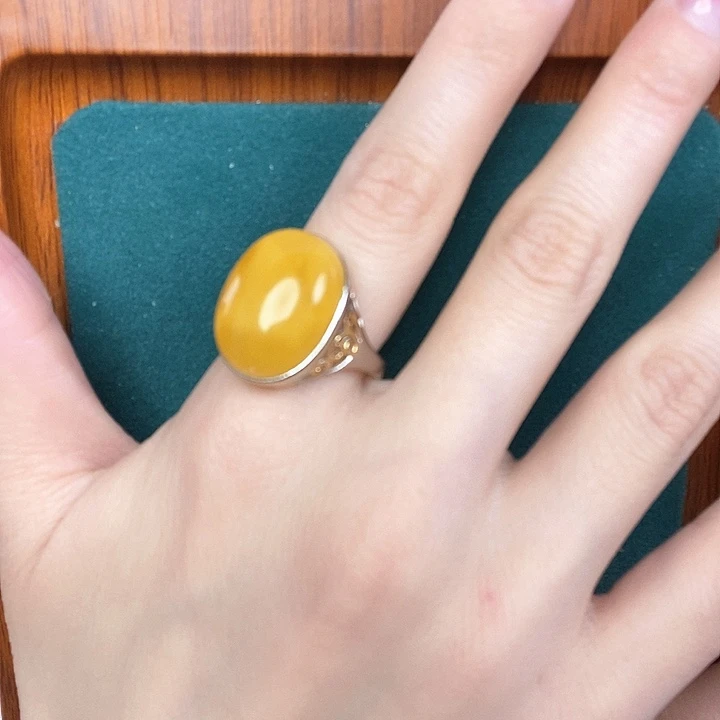 蜜蜡戒指银S925镶嵌戒指