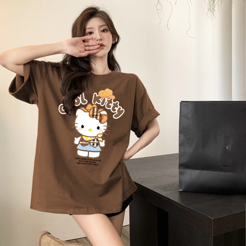 220克纯棉KT猫短袖百搭款洋气大码女装上衣ins韩版休闲t恤中长款