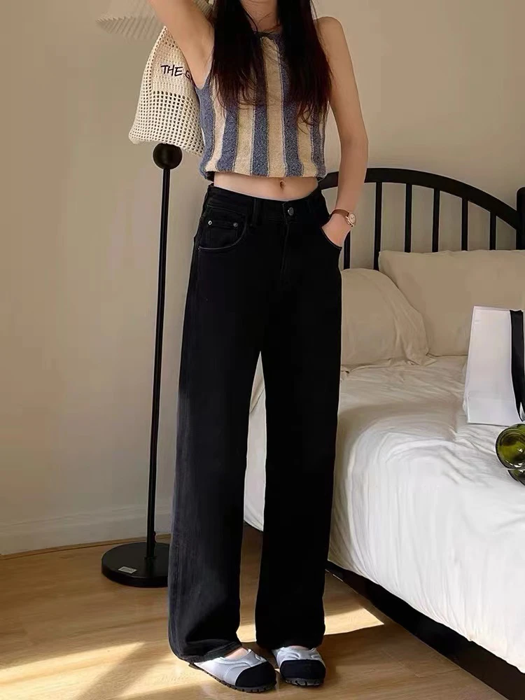 91952 莉莉 新款高腰黑色显瘦窄版直筒阔腿裤98裤长牛仔裤女