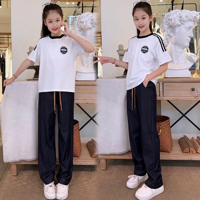 女童短袖套装2025夏季新款中大童韩版T恤学生薄款休闲牛仔裤套装