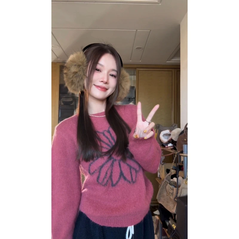 【TIAO~】可爱小玫菊 慵懒风针织毛针织衫上衣圆领套头撞色女冬季