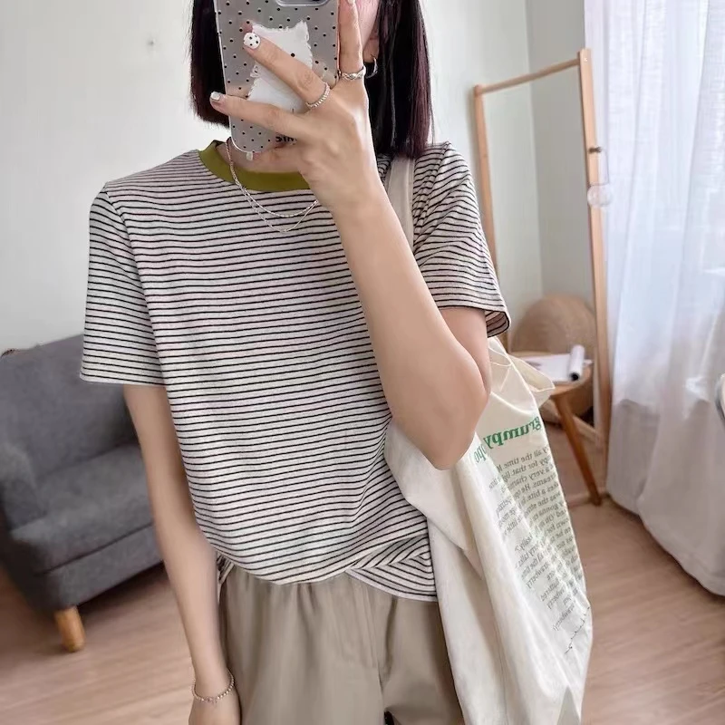 细条纹。撞色短袖设计感半袖圆领显瘦百搭修身时尚