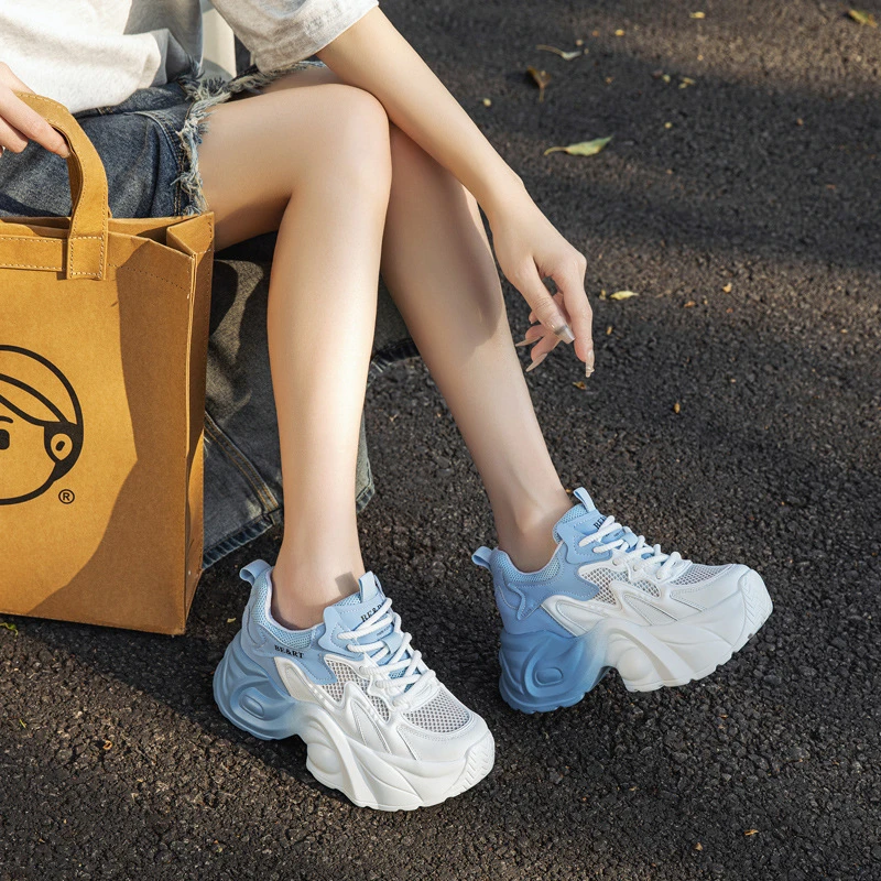 厚底内增高老爹鞋女2025年夏季新款纱网透气轻便渐变色运动休闲鞋